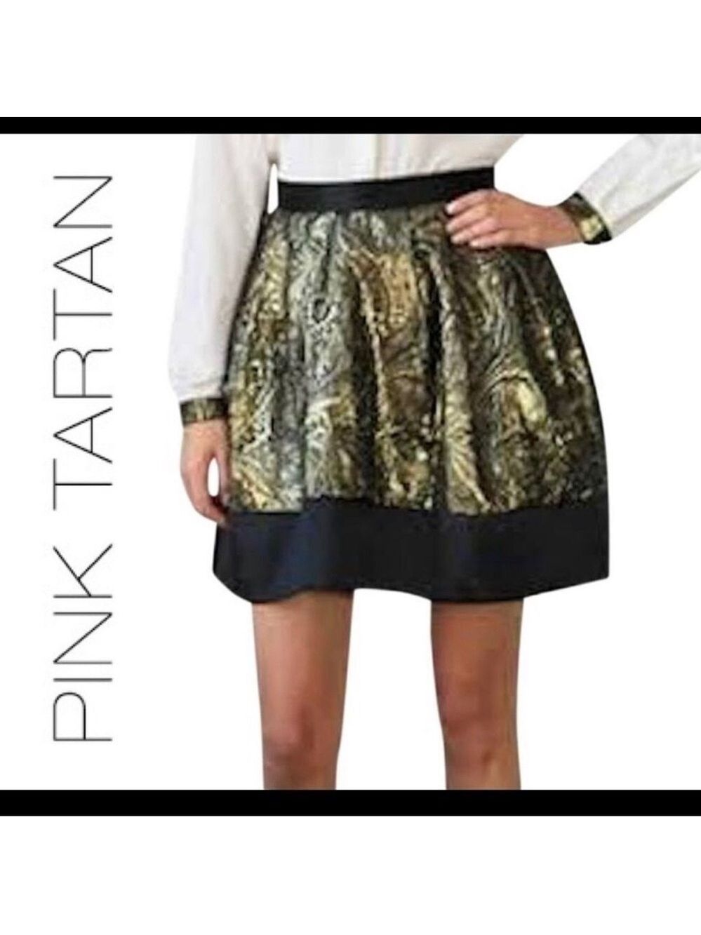 PINK Tartan gold brocade Tiffany mini skirt metallic skater circle Sz 6 NWOT